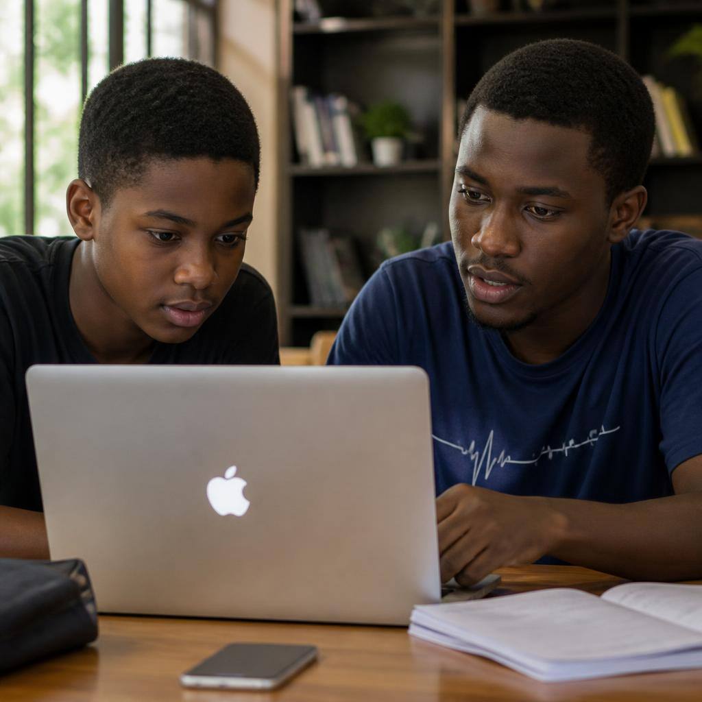 Two young African males learning to code together on a laptop