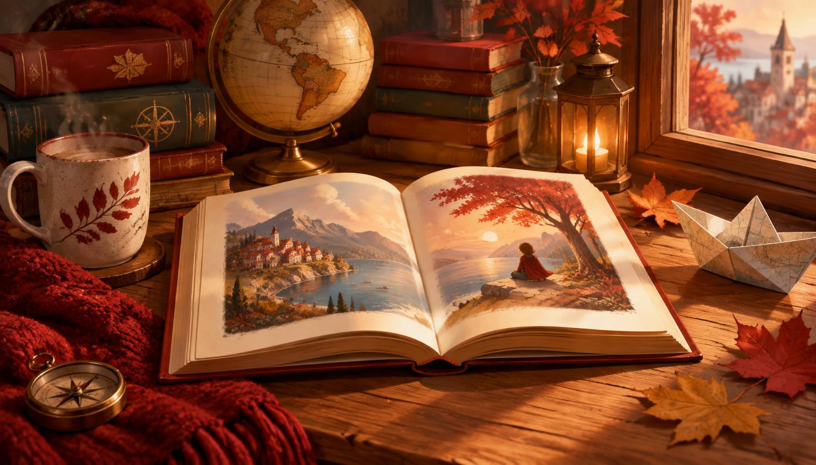 An open storybook surrounded by books and a globe